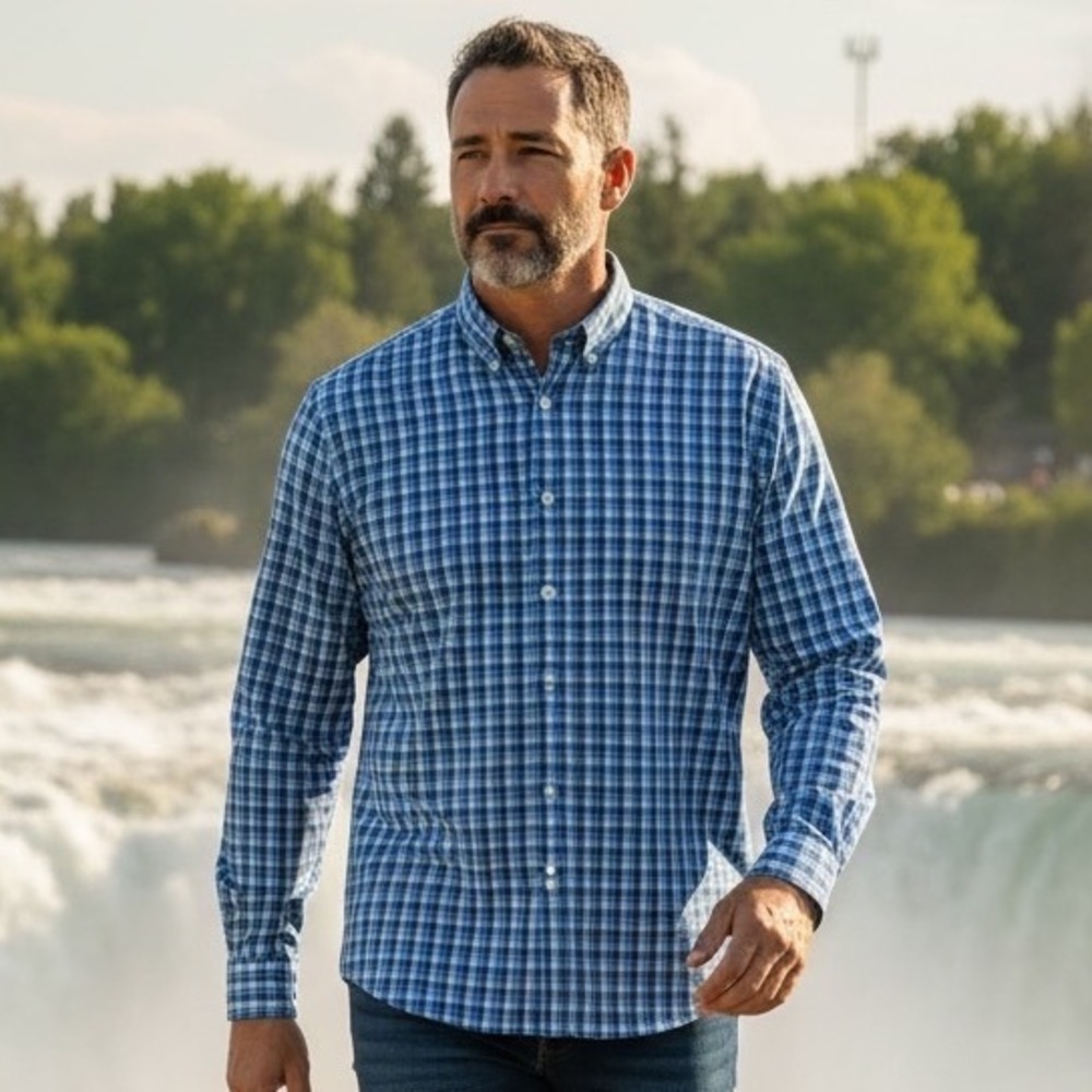 Lands End Men Blue Gingham Regular Fit Long Sleeve Button Down Shirt Size L 16.5